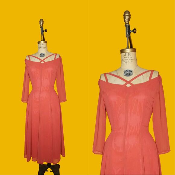 1980s-1990s MODELLI PARIS Rust Orange CORSET Back Off Shoulder Cut Out Dress. S - Picture 1 of 10